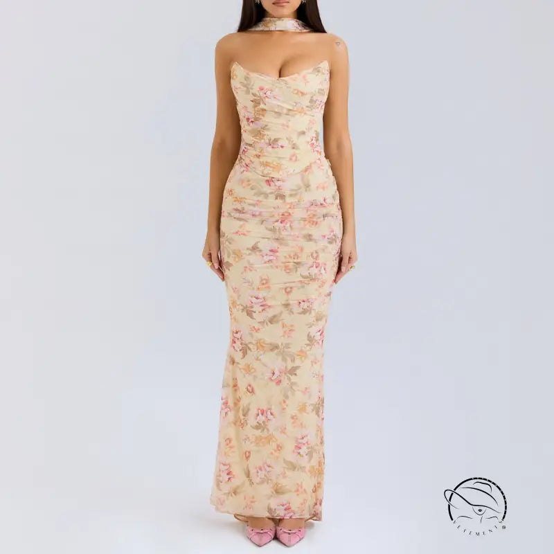 High grade skinny sheath skirt set with floral-patterned strapless maxi dress and choker