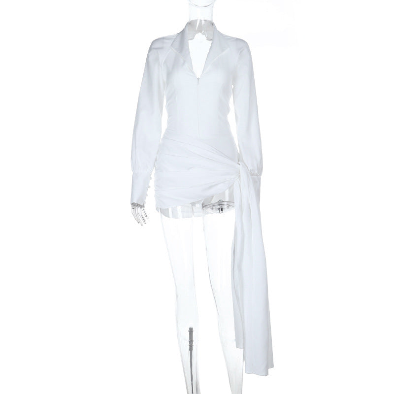 Langry fashion white sheer blouse with high-low hemline and pants