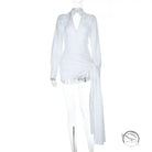 White sheer langry blouse with lace-up details and slim fit pants