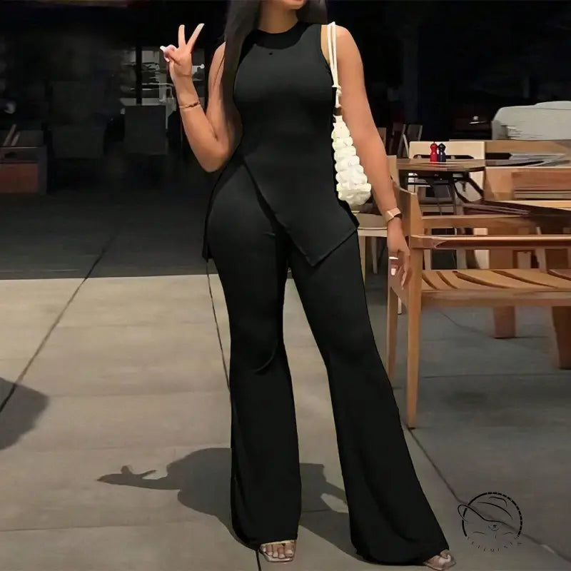 Summer Sleeveless Top Wide Leg Casual Pants Two Piece Set