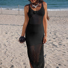 Black crochet maxi dress with sheer skirt, perfect fashion ملابس for beach cover-up