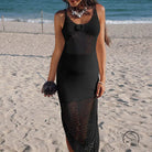 Stunning beach cover up maxi dress in black crochet with sheer knit skirt