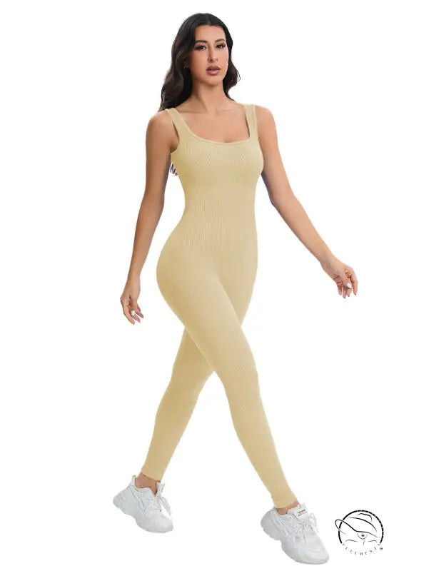 Langry breathable seamless peach hip slim fit bodysuit in beige ribbed fabric with thin straps and square neckline