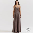 Sleeveless brown satin gown in beautiful backless evening dress fashion