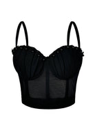 Black mesh corset top by Langry fashion with beaded details and adjustable straps