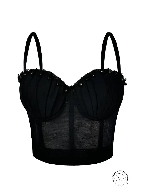 Black mesh corset top in Langry fashion with pleated boning and beaded details