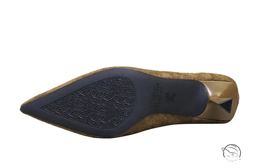 Brown suede pointed-toe flat with black rubber sole by Tory Burch, langry fashion