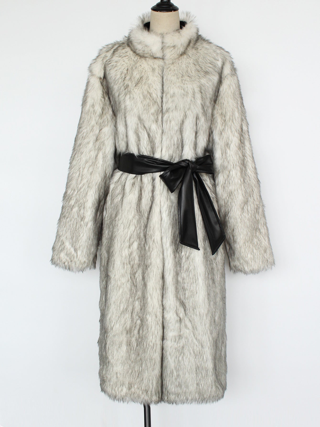 Long faux fur overknee thickened coat in light gray with satin belt