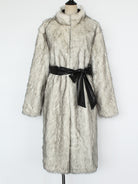 Long faux fur overknee thickened coat in light gray with satin belt