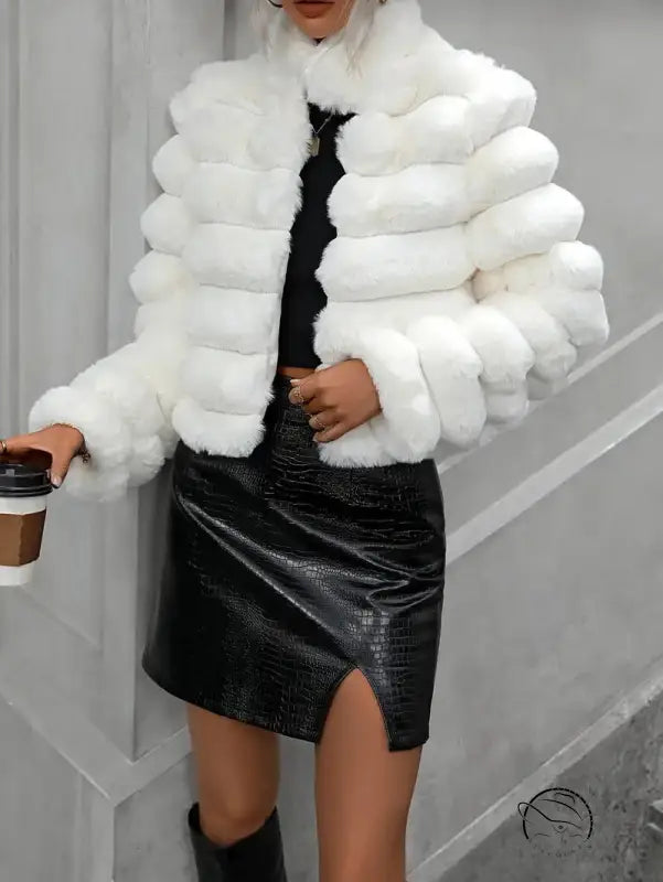 White faux fur jacket for autumn winter faux coat
