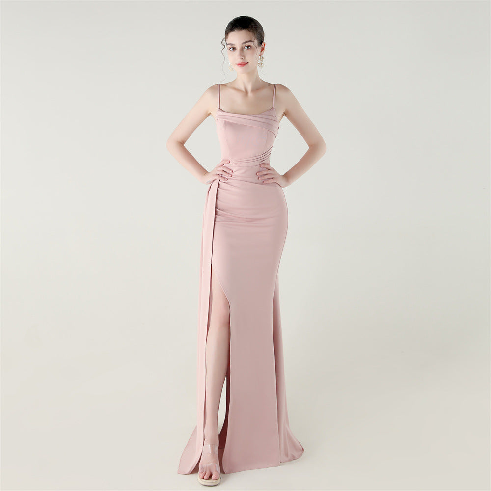 Elegant blush-pink satin gown with high slit, langry fashion dress