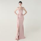 Elegant blush-pink satin gown with high slit, langry fashion dress