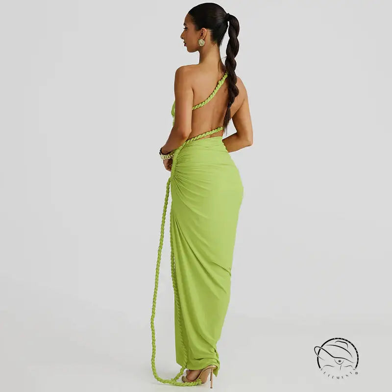Stunning cutout lace pleated lime green one-shoulder dress