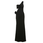 Elegant Oblique Shoulder Floral Dress in black featuring floral accents for stylish fashion