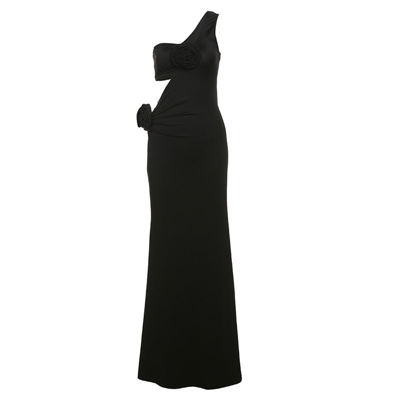 Elegant Oblique Shoulder Floral Dress in black featuring floral accents for stylish fashion