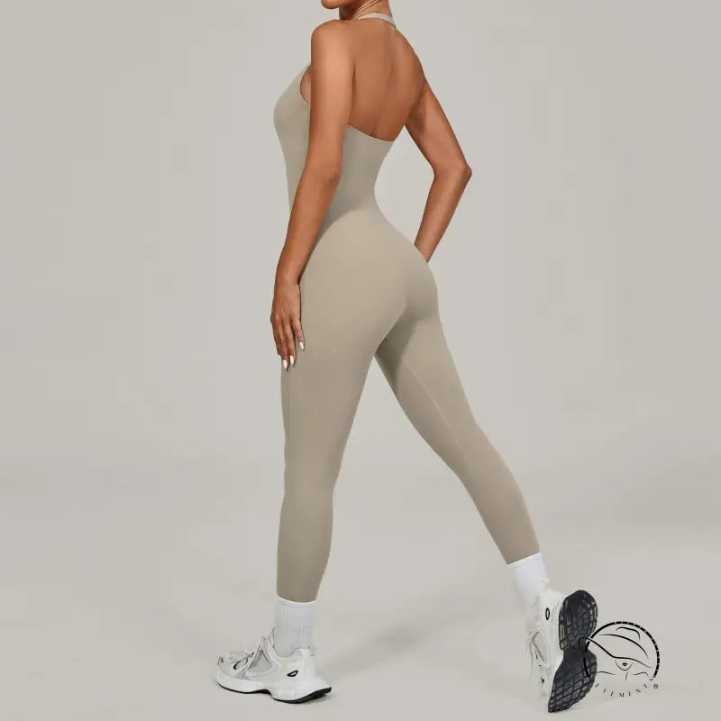 Sleek beige langry fashion halter yoga jumpsuit for outdoor wear