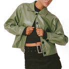 Langry olive green faux leather jacket with black accents