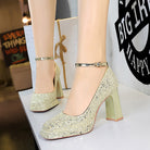 Waterproof Low Cut Square Toe Sequ Ankle Strap Shoes