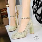 Waterproof Low Cut Square Toe Sequ Ankle Strap Shoes