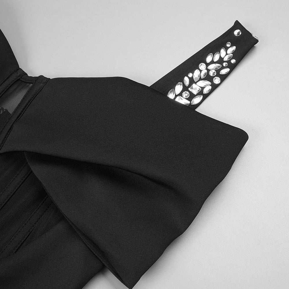 Black Rhinestone Maxi Dress featuring crystal-embellished shoulder strap, elegant fashion choice