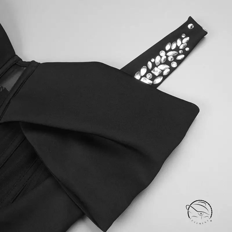 Attractive black rhinestone maxi dress with crystal shoulder strap