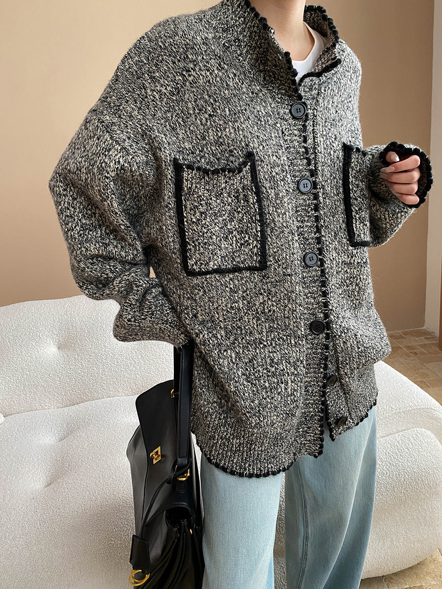 Fashionable Double Pocket Loose Knitted Sweater Coat