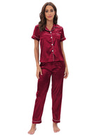 Burgundy satin pajama set with piping and button front, Langry fashion ملابس