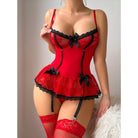 Red lace Valentine lingerie with black bows, fishnet stockings, fashion ملابس