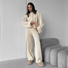 Cream-colored enchanting knitted langry fashion tracksuit with wide-leg trousers
