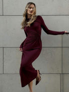Burgundy fitted waist maxi dress with draped detail, long-sleeved fashion