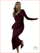 Sleek burgundy long-sleeved maxi dress with fitted draped waist