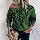 Green langry leopard print off-shoulder fashion sweater