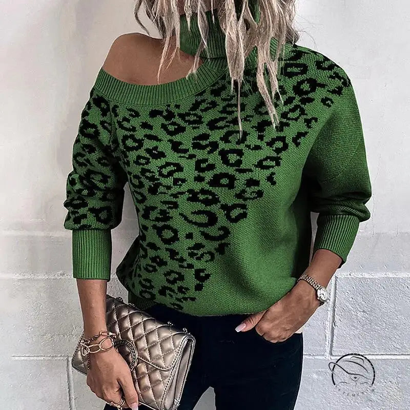 Green leopard print off-the-shoulder langry fashion sweater