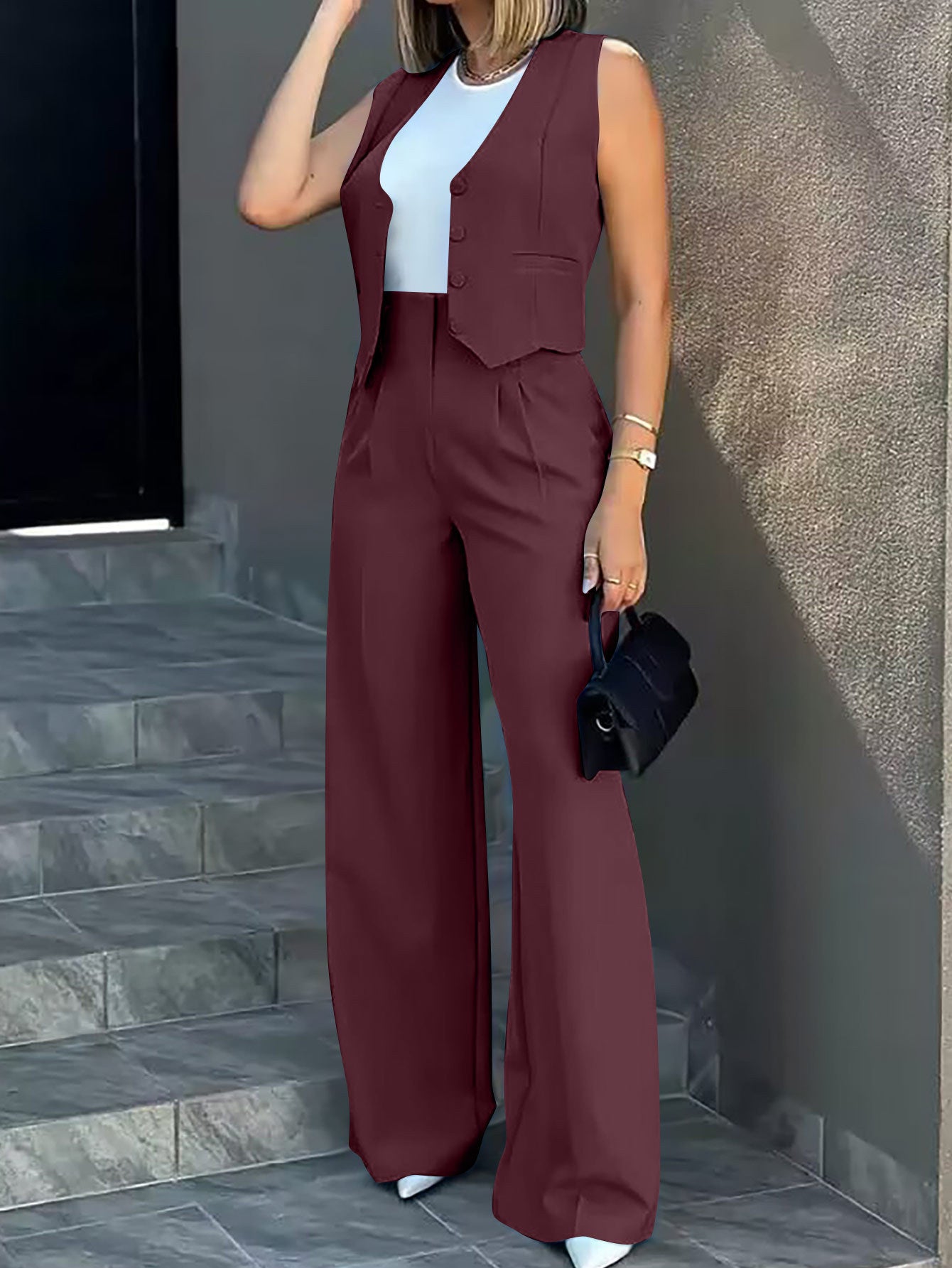 Elegant Vest Jacket Wide Leg Pants Set in Burgundy, a stylish addition to ملابس fashion