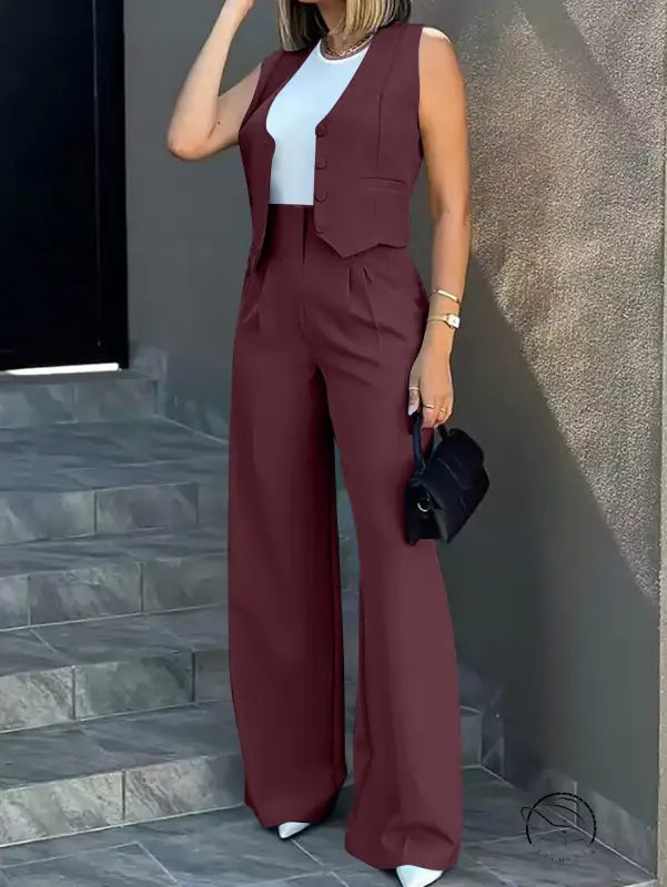 Elegant vest jacket wide leg pants set in burgundy