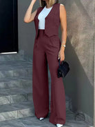 Elegant vest jacket wide leg pants set in burgundy