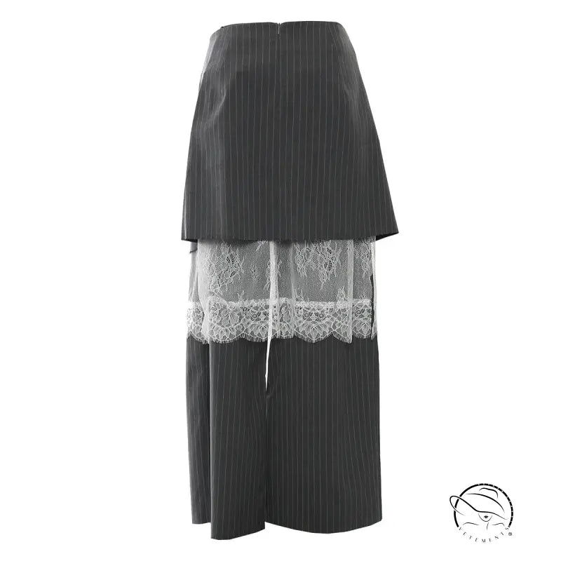 Dark grey pinstriped casual pants suit with white lace overlay