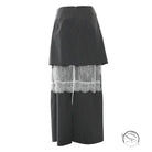 Dark grey pinstriped casual pants suit with white lace overlay