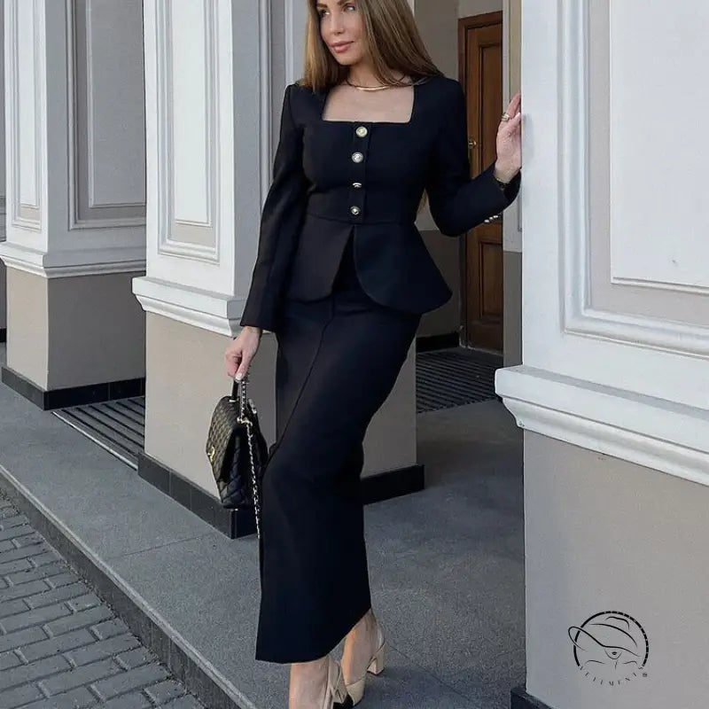 Women Square Collar Long Sleeve Cardigan Top Package Hip Skirt Two Piece Set