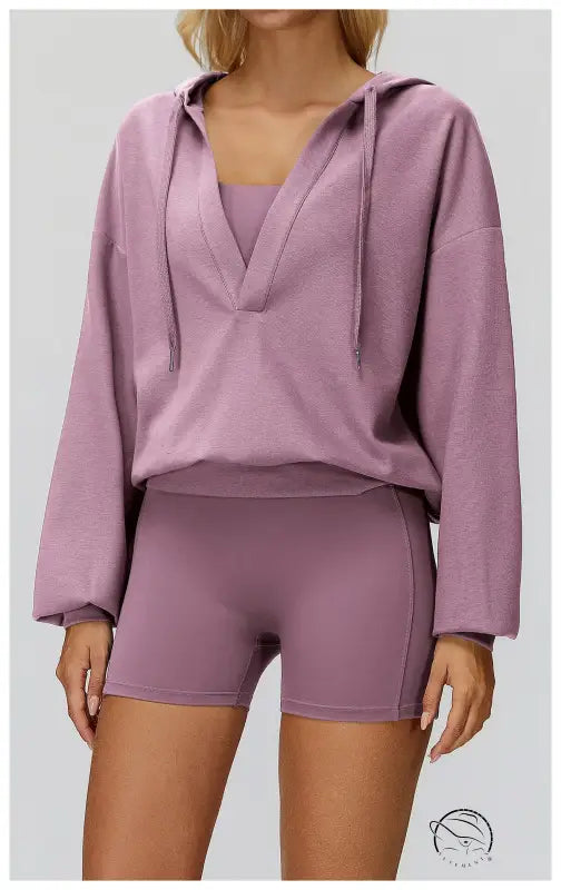 Langry lavender fashion hoodie and shorts set, loose comfortable exercise coat