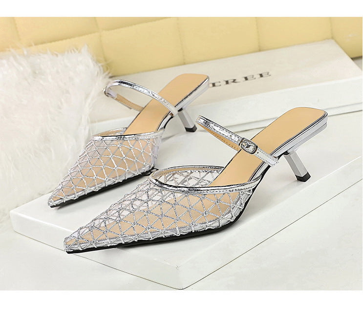 Langry fashion silver metallic mesh pointed toe kitten heel mule sandal
