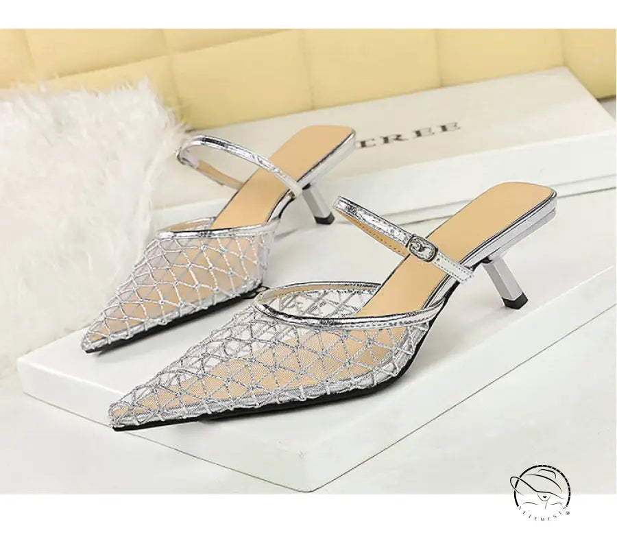 Langry fashion silver mesh kitten heel mule sandal with pointed toe