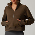 Brown half-zip pullover sweatshirt with pocket, ideal for winter fashion by Langry