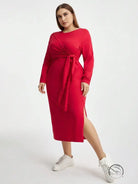 Elegant high waist lace up red long-sleeved sheath dress with tie waist