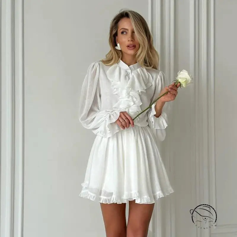 Elegant white ruffled French short dress in langry fashion ملابس