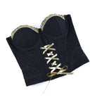 Langry black lace-trimmed corset with gold laces in denim blue