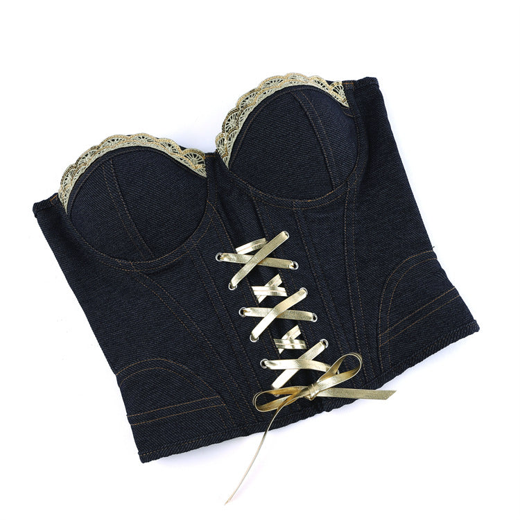 Langry black lace-trimmed corset with gold laces in denim blue