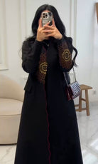 Black langry abaya trench coat with gold brown geometric embroidery