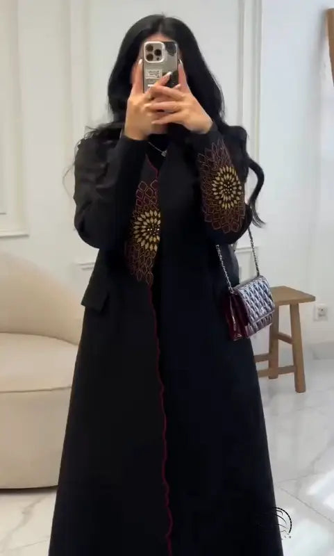 Black langry abaya trench coat with gold-brown geometric embroidery