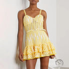 Yellow summer machine embroidery spaghetti strap ruffle dress with waist slimming